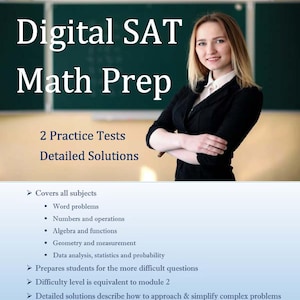 Op de afbeelding: Een digitale SAT-wiskunde voorbereidingscursus met twee oefentests en gedetailleerde oplossingen. De cursus behandelt alle onderwerpen, waaronder woordproblemen, getallen en bewerkingen, algebra en functies, meetkunde en metingen, en data-analyse, statistiek en kansrekening. De cursus is ontworpen om studenten voor te bereiden op de moeilijkere vragen in het SAT-wiskunde-examen.