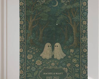 Custom Ghost Couple Tapestry Blanket Botanical Personalized Woven Throw for Halloween, Fall Vibes, Cozy Decor, or Anniversary Gift