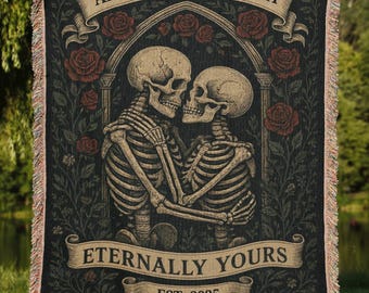 Gothic Skeleton Lovers Personalized Blanket Wedding Custom Blanket Woven Tapestry Spooky Wedding Personalized Anniversary Gift For Goths
