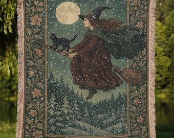 Flying Witch Witch's Hat on Broom with Cat Full Moon Blanket Woven Tapestry, Velveteen, Crushed Velvet, Picnic Blanket Decor Fall Christmas