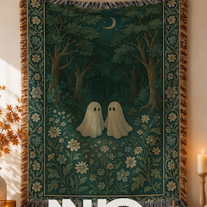 Ghost Couple Blanket, Tapestry, Pillow | Green Halloween Blue Whimsigoth Throw Botanical Gothic Ornate Home Decor Couples Wedding Gift