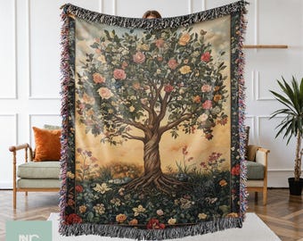 Manta tejida del árbol de la vida Tapiz del bosque encantado Árbol melancólico Forestcore Botánico caprichoso Inspirado en William Morris