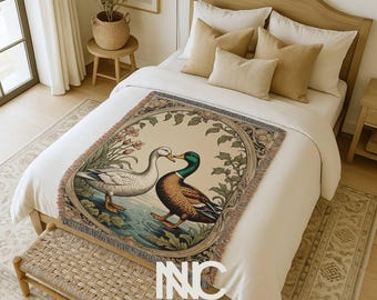Manta tejida con patos Cottage Core, encantadora manta con patos de estilo bosque europeo, manta con patos reales, regalos para patos, manta de picnic