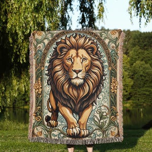 Lion Woven Blanket Lion Throw Lion Home Decor Cozy Gift for Lion Lovers Boho Tapestry Art Nouveau Blanket Nature-Inspired Throw