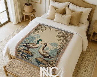 Manta tejida elegante con diseño de patos de estilo barroco europeo, estilo granja, tapiz de patos, regalo de boda