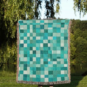 Teal Geometric Woven Blanket Aqua Tapestry Home Decor Coastal Wall Hanging Blanket Teal Interior Jigsaw Design Aqua Turquoise Blanket