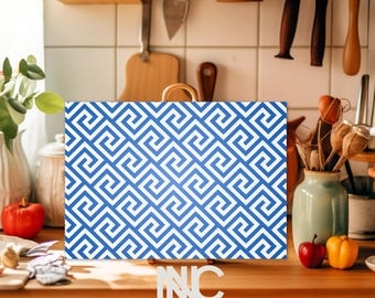 Greek Key Glass Cutting Board Meander Blue Geometric Mediterranean Kitchen Décor Greek Gift Home Greece Coastal Beachhouse Housewarming