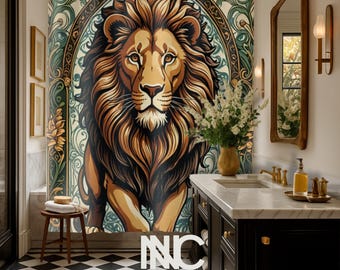 Nuanced Comfort Nouveau Lion Shower Curtain, Cottage Core Lion Shower Curtain, Bathroom Lion Shower Curtains ( Hooks NOT Included)