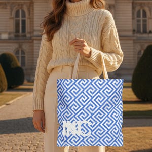 Greek Key Blue Pattern Tote Bag | Coastal Geometric Beach Style Greece