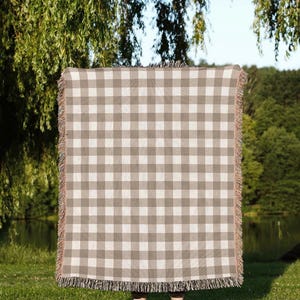 Beige Gingham Woven Blanket Plaid Tan White Checker Brown Home Decor Gingham Wall Hanging Tapestry Classic Farmhouse Modern Home Traditional