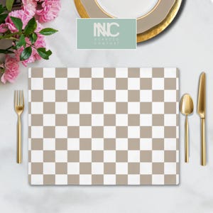 Beige Checkered Placemat Modern Neutral Dining Table Decor Checkered Kitchen Decor Elegant Modern Table Setting Classic Kitchen Farmhouse