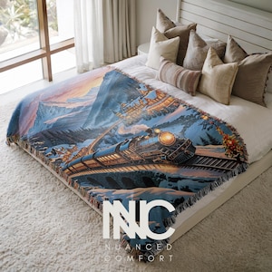 Christmas Train Woven Blanket Tapestry Polar Express Inspired Holiday Cozy Throw Home Decor Gift Bedspread Indoor Picnic, Living Room
