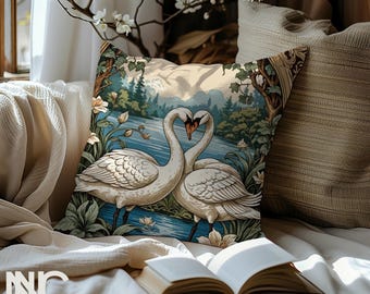 Nuanced Comfort French Toile Nouveau Swan Lake Couple Premium Pillow Green Cottage Core Nouveau Gift , 18x18, 22x22, Insert Included
