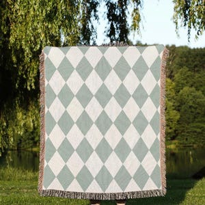 Sage Diamond Checker Woven Blanket Mint Checker Tapestry Green Boho Home Decor Art Deco Farmhouse Decor Check Throw Housewarming Gifts