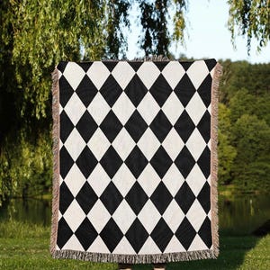 Diamond Checker Woven Blanket Wall Hanging Modern Home Decor Art Deco Tapestry Farmhouse Decor Checkered Home Decor Black White Check Decor