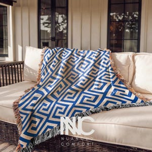 Greek Key Woven Blanket Coastal Home Decor Mediterranean Tapestry Farmhouse Wall Hanging Blue White Throw Blanket Traditional