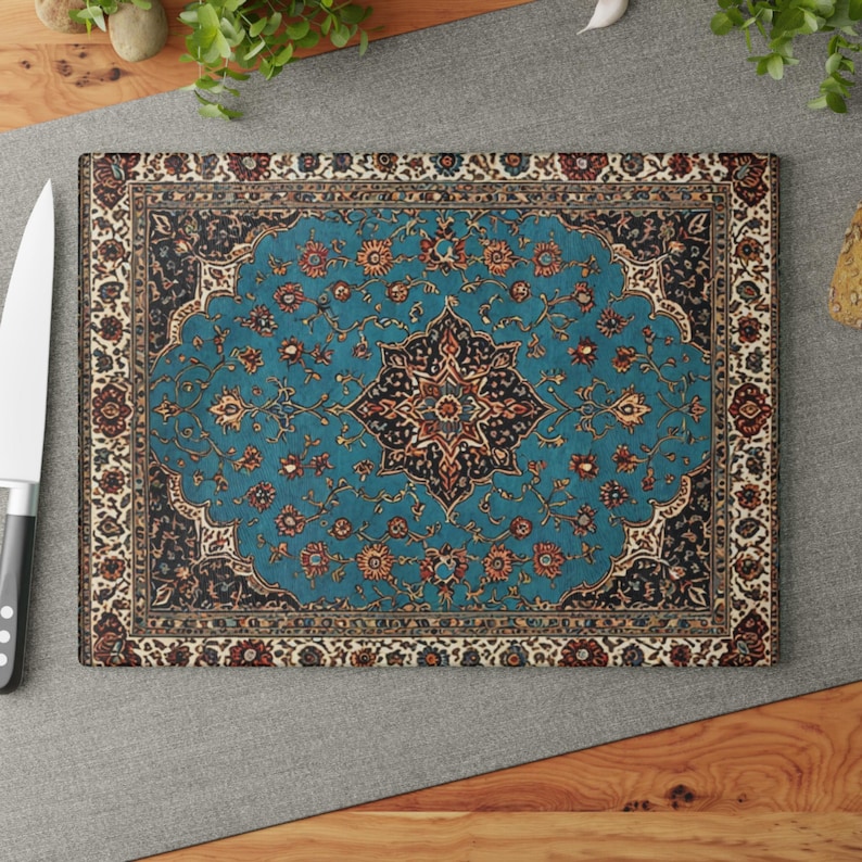Persian Glass Cutting Board Turquiose Elegant Kitchen Decor Boho Kitchen Middle Eastern Gift for Housewarming Nowruz Persian Rug Inspired