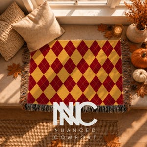 Cozy Fall Argyle Woven Blanket Halloween Home Decor Magical Movie Blanket Autumn Gift Burgundy Mustard Diamond Pattern