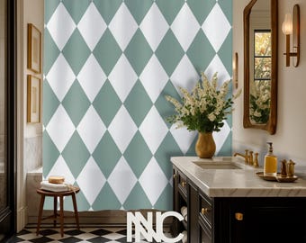 Mint Green Diamond Pattern Shower Curtain Checker Modern Bathroom Mint Shower Curtain Checker Shower Curtain, Gift Idea