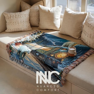 Polar Bear Christmas Train Woven Blanket Nostalgic Cozy Throw for Astronomers and Stargazers Starry Night Tapestry Home Decor