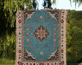 Turquoise Persian Rug Inspired Blanket | Persian Blanket haftseen | Woven, Sherpa, Fleece, Tapestry | Persian New Year Nowruz Gifts for Home