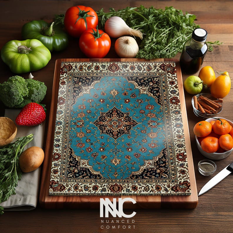 Persian Glass Cutting Board Turquiose Elegant Kitchen Decor Boho Kitchen Middle Eastern Gift for Housewarming Nowruz Persian Rug Inspired