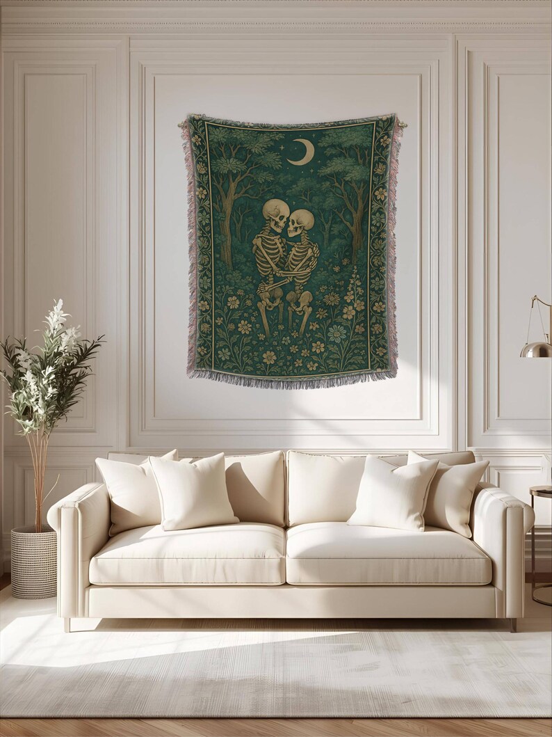 Halloween Woven Blanket Romantic Skeleton Design Halloween Decor Cozy Throw Couples Gothic Home Accent Gift for Spooky Lovers Wedding Gift