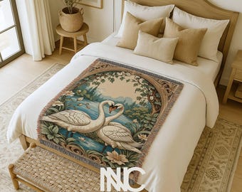 Cottage Core Swan Throw Blanket Lovebirds Swan Couple Woven Blanket Elegant Swan Tapestry French Toile Blanket Nature Inspired Wedding Gifts