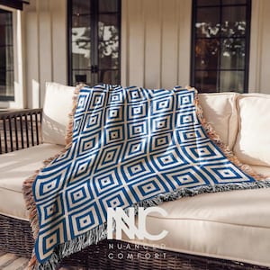 Woven Blanket Greek Tapestry Mediterranean Beach Decor Coastal Blanket Farmhouse Wall Hanging Blue White Design Geometric Modern Blue