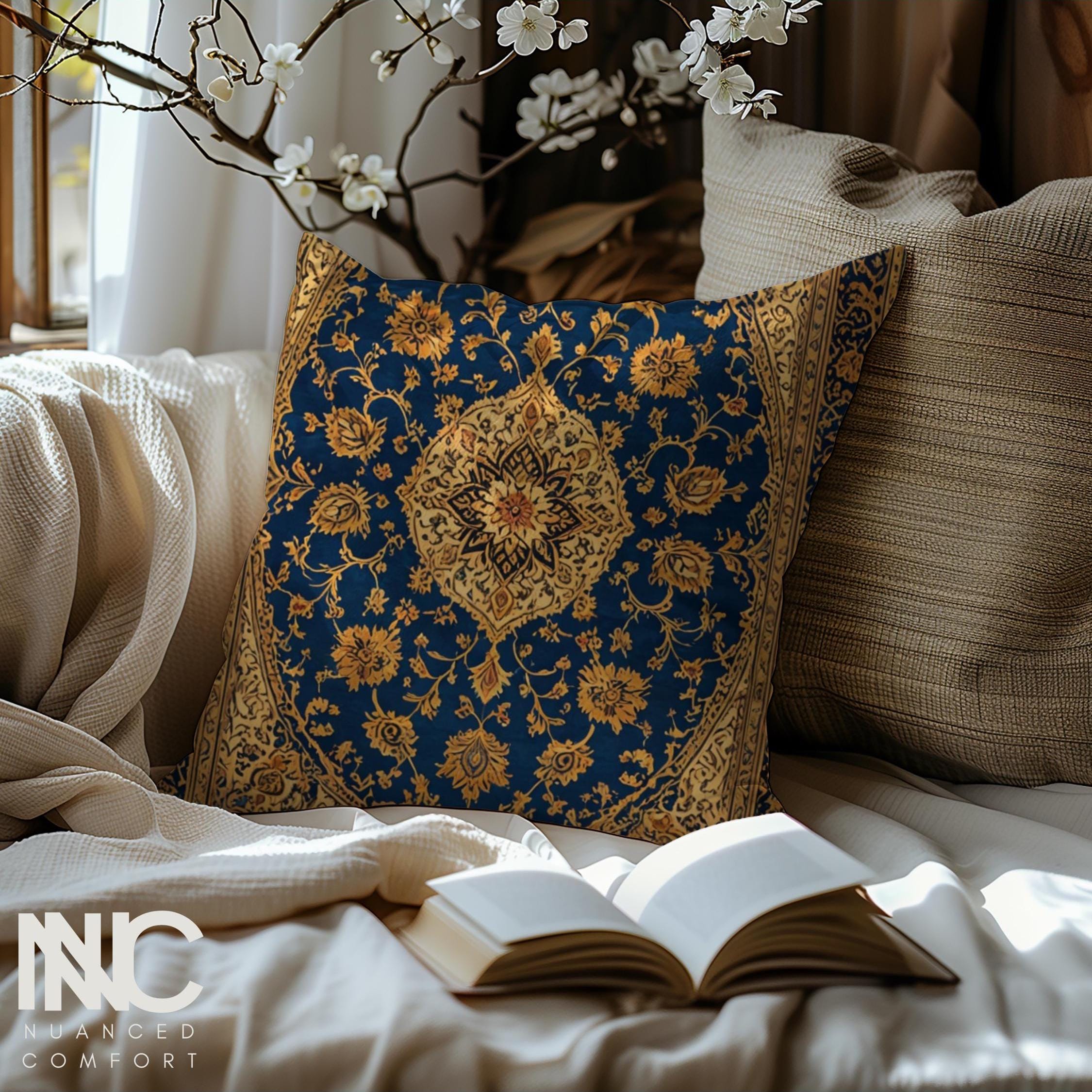 Persian Rug Premium Pillow Bohemian Pillow Boho Oriental Navy Gold 18x18, 22x22, Insert Included, Interior Design, Nowruz Gifts