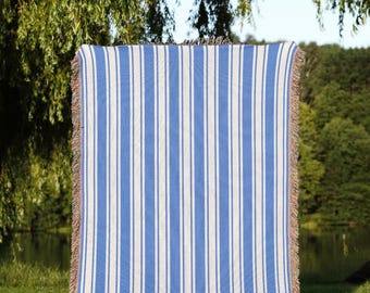 Striped Woven Blanket Blue Home Decor Wall Hanging Tapestry Beach House Traditional Gift for Her Cozy Throw Picnic Blanket Coastal Blue