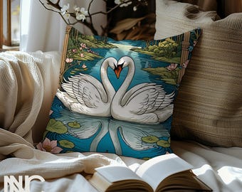 Nuanced Comfort Nouveau Swan Lake Couple Premium Pillow Blue Cottage Core Nouveau Gift , 18x18, 22x22, Insert Included