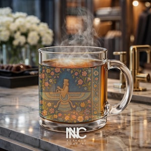 Faravahar Persische Glastasse Ahura Mazda | 10 Unzen zoroastrisches Design Zarathustra | Persische Teetasse Nowruz Geschenke & Dekor