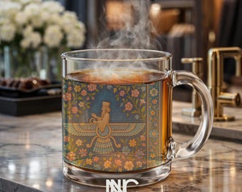 Faravahar Persian Glass Mug Ahura Mazda | 10oz Floral Zoroastrian Design Zarathustra| Persian Tea Cup Nowruz Gifts & Decor