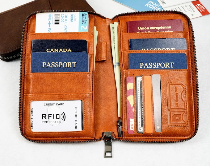 Personalized Leather Family Passport Wallet: RFID Travel Organizer