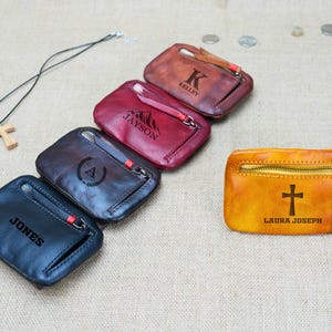 Portarosario in pelle personalizzato con cerniera, porta rosari cattolici o musulmani, regalo per la prima comunione, regalo per la cresima, porta monete personalizzato