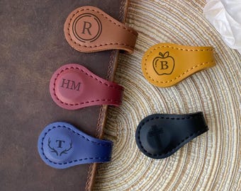 Personalized Leather Magnetic Bookmark: Engraved Initial Vintage Reader Gift