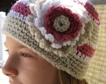 Botanical Stripe Classic Style Hat w/ Large Flower Blossom, 5 sizes included, Newborn - Adult, Crochet Pattern Pdf., Instant Download