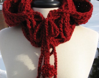 Hooded Ribbed Cowl with drawstring ties/ pom poms, Crochet Pattern Pdf, Instant Download Available