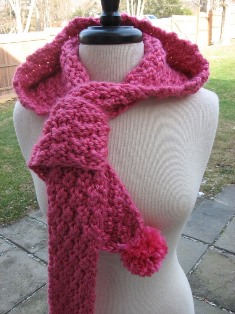 Knitting Pattern Hometown Hooded Scarf With Pom Poms Pdf Etsy
