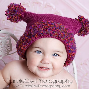 Double Pom Pom Hat Crochet Pattern pdf ,easy to make,5 sizes newborn to adult image 1