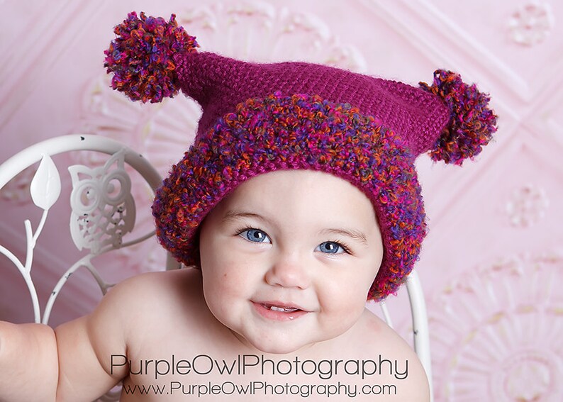 Double Pom Pom Hat Crochet Pattern pdf ,easy to make,5 sizes newborn to adult image 1