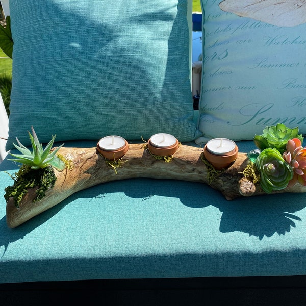 Driftwood and succulent centerpiece made from beautiful unique northeast Hudson River driftwood and premium faux succulent plants.