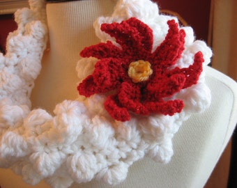 Mid Winters Dream Cowl, Crochet Pattern with Bonus Poinsetta Flower Pattern included, Instant Download Available