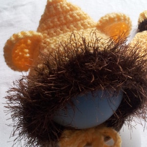 May include: A crocheted lion hat in shades of yellow and brown, designed to fit over an egg. The hat features a yellow crown, ear details, and a brown, shaggy mane. A yellow bow is tied at the base.