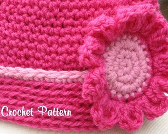 Bonnet à bords roulés avec motif au crochet en fleurs assorti au format PDF, téléchargement du motif instantané disponible