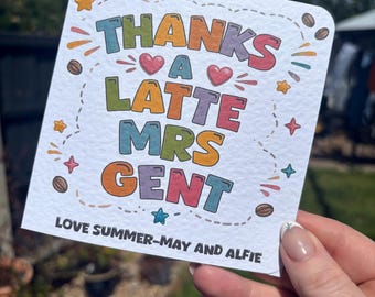 Personalised Teacher Thank You Card, Thanks A Latte Coffee Gift Card Holder, Custom End of Term Card for Teachers & Teaching Assistants