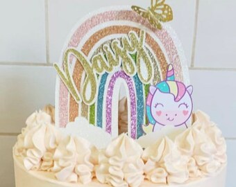 Personalised Glitter Rainbow Unicorn Cake Topper | Custom Name Birthday Party Decor