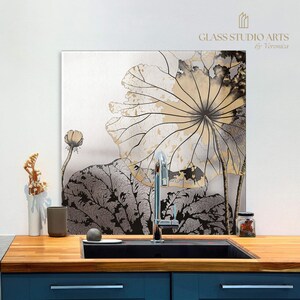 Goldleaf - Crédence en Verre Résistant à la Chaleur, Dosseret de Cuisine Floral,Décoration Moderne pour Cuisine, Dosseret en Verre Personnal
