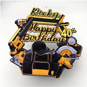 May include: A black and yellow birthday cake topper with the name "Ricky" and "Happy 40th Birthday" in gold lettering. The design includes a black duffel bag, a black cap, and various yellow and black construction tools.